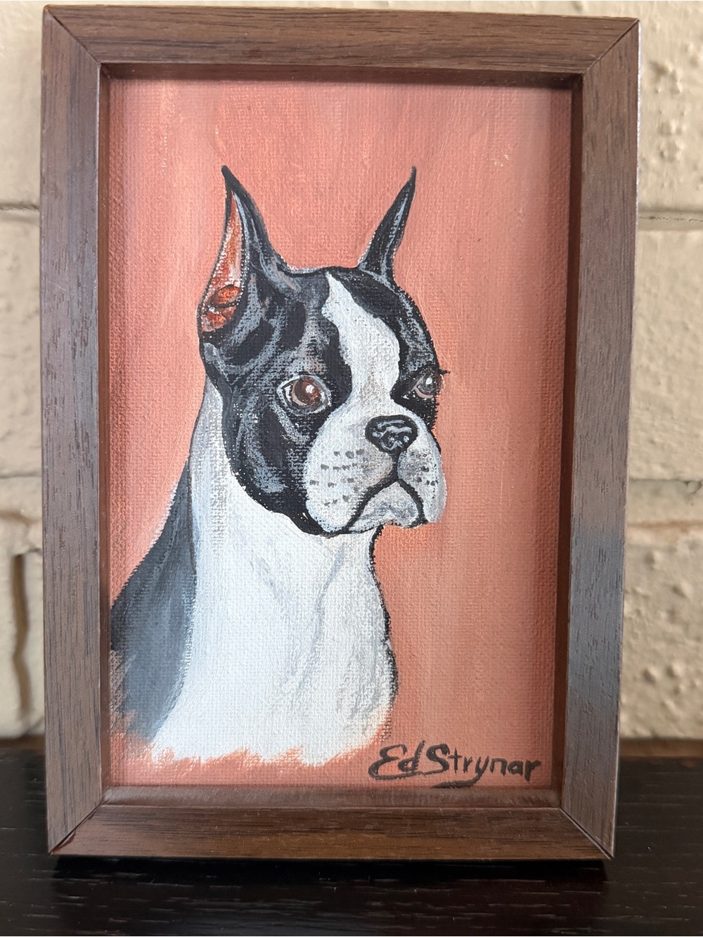 Vintage Framed Original Oil Painting Boston Terrier Dog by Ed Strynar 5x7